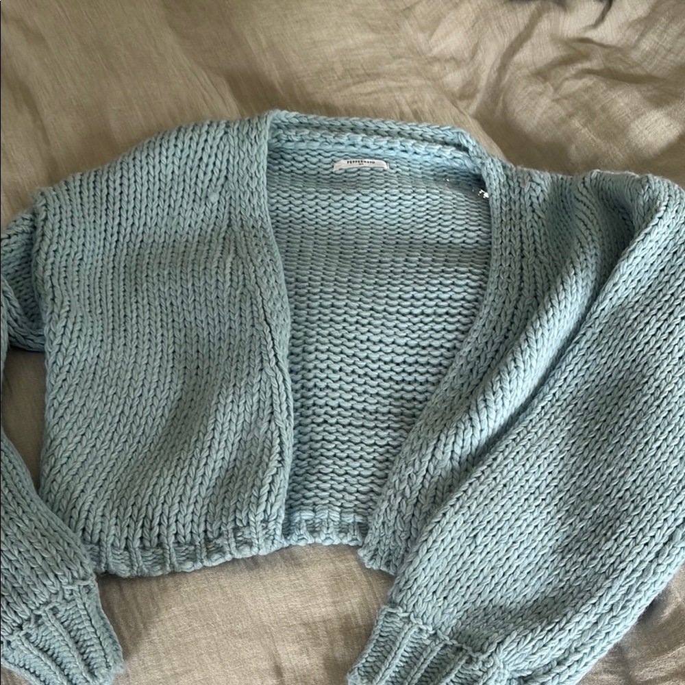 Peppermayo Blue Cardigan Sweater with Ribbed Knit Texture